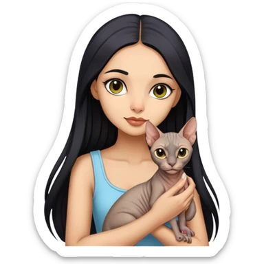 beautiful girl with long black hair holding a hairless sphinx cat sticker