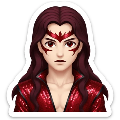 Samael, Venom of God from Gods and Goddesses with long dark brown hair, dark red sequin outfit sticker