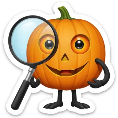 A pumpkin smiling at a magnifying glass (the magnifying glass has limbs and a suit thats black, the magnifying glass also has a eye, looks like a cyclops eye, one eye in the middle) sticker