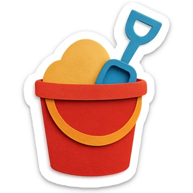 beach bucket and pail with sand and a small shovel, bright colors, in paper-craft style sticker