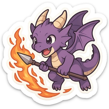 purple dragon in chibi anime style, wielding a spear engulfed in flames, action scene, playful sticker