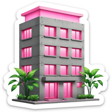 Soviet-style concrete panel apartment building block with neon pink light glowing from one window for indoor plants sticker