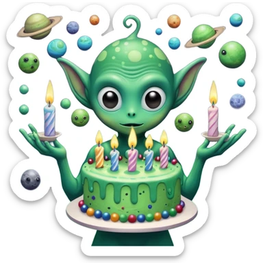 A giant alien holding a birthday cake that is actually a miniature galaxy, tiny planets orbiting the candles, cosmic dust swirling, epic scale contrast, ultra detailed space fantasy art

 sticker