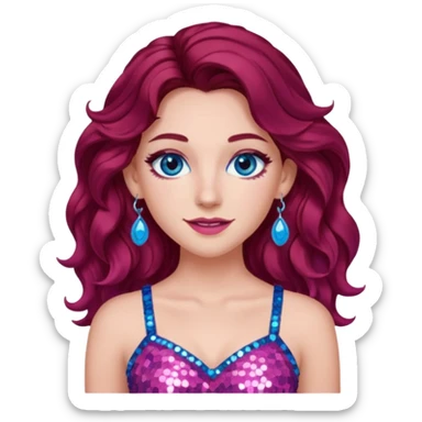 Chappell Roan (b.1998) with long dark red hair, pink sequin crop top, pink earring, blue eye, makeup sticker