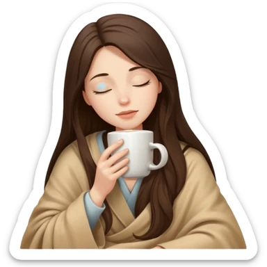 Brunette girl long hair inside a beige blanket sipping coffee eyes closed sticker