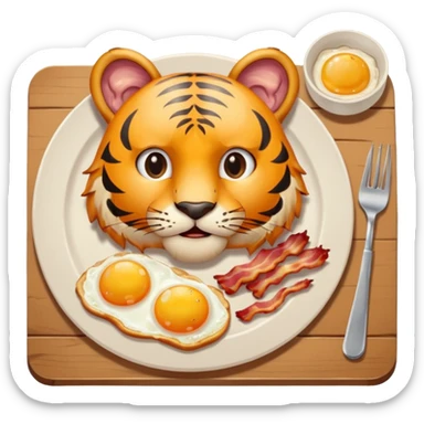 Tiger with plate of 2 eggs and bacon in front of him at a table  sticker