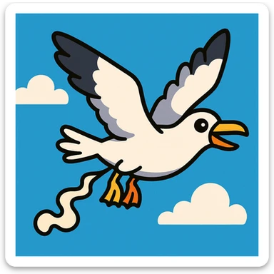 a seagull flying while pooping, bold outlines, bright cartoon colors, humorous sticker