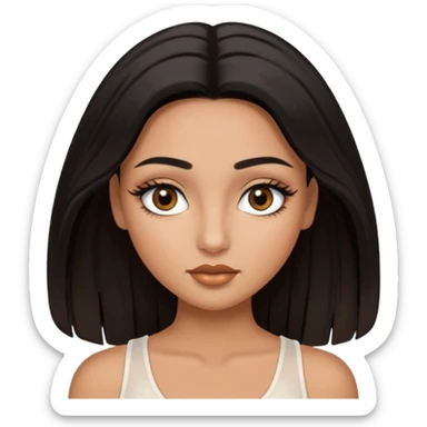A girl, who has long black styled silk hair, tan skin. almond brown eyes that has black long lashes, small nose and full lips. and a bit of makeup like bronzer. and wearing a white tight top. long black lashes and medium arched brows. looks like a baddie. sticker