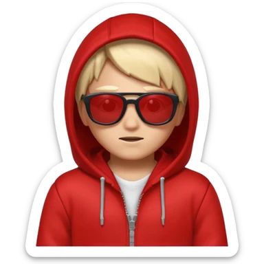 Roblox avatar with a red hoodie and sunglasses, looking mysterious and mischievous sticker