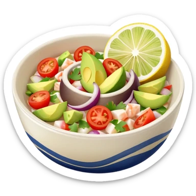 Mexican fish ceviche with lemon and sliced tomato, avocado and onion in a small bowl, fresh and colorful sticker