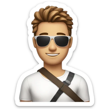 A young fit man with a white shirt and sunglasses on his hair with brown hair and a French flag in his hand sticker