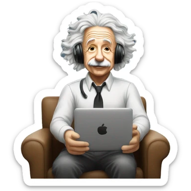 albert einstein happy listening music with wireless headphones while sitting on the chair sticker