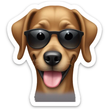 ALL HAIR IS BLACK Female black large dog with very short hair and big ears with sunglasses . She is smiling with the tongue outside the mouth  sticker