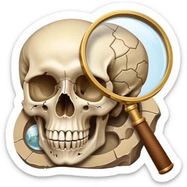 An icon featuring a human skull and fossils, representing anthropology. The design includes a magnifying glass and a map of ancient human migration paths, symbolizing the study of human evolution and cultures. Transparent background highlights the scientific exploration of humanity’s past. sticker
