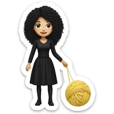 woman with long black curly hair holding one ball of yarn wearing black clothes sticker
