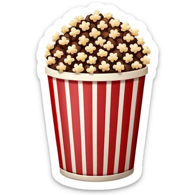 Chocolate brown popcorn in a paper jar with red and white vertical lines sticker