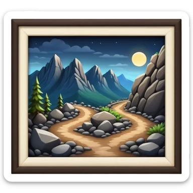 mountain 2 crossroads trails with rocks  two trails—one illuminated,, and one in darkness, representing reaction.  sticker