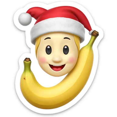 A 3D cartoon peeled banana with a red nose and tiny hat, smiling face, playful pose, Memoji-style. sticker