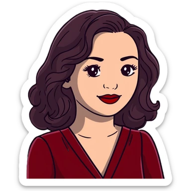 Elegant high-profile woman with glowing fair skin, long dark straight hair with soft waves, large dark eyes with dramatic makeup, defined eyebrows, full red lipstick, wearing wine red velvet dress with V-neckline, glamorous confident smile sticker
