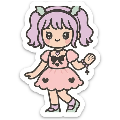 K-pop girl in pastel goth fashion, frilly dress, soft color palette, gothic motifs, whimsical stance, cute jewelry sticker