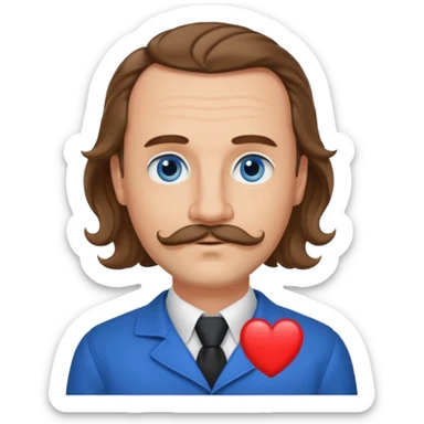 French writer Corneille, brown mi-long wavy hair, baldness on the forehead, moustache, goatee, dressed with a collar,blue eyes, one hand one the heart  sticker
