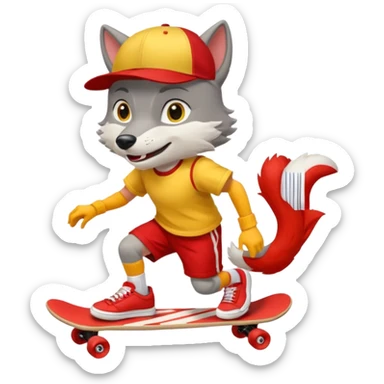 A gray wolf with large, expressive eyes and a friendly smile. The gray wolf is wearing a bright yellow T-shirt, red shorts, white knee socks, and sneakers. The baseball cap is on backwards. The wolf is preparing to perform a skateboarding trick. sticker