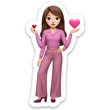  emoji, inspired with brunette hair, brown eyes, long hair, heart shape lips and pink make up  and pink nails, mauve pink blush and brown wide leg pants, burgundy shoulder drop shirt, brown heels , princess hair, brown heels  sticker