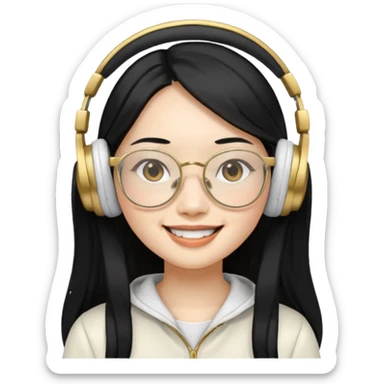 generate an asian female with long black hair, golden rim glasses, and a white headphones sticker