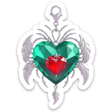 3D emoji gothic heart, emerald green crystal, silver spider charm, feather accents, lush and gothic sticker