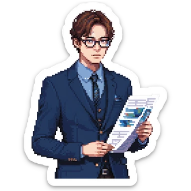 Flat pixel art, focused and reserved male architect, American, Caucasian features, short sleek brown hair, wearing glasses, intense sharp eyes, wearing a deep indigo suit jacket over a black shirt, holding a blue print, waist-up, front-facing sticker