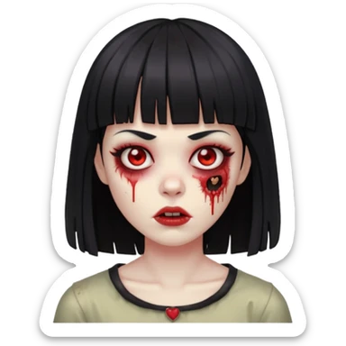 zumbie com cabelo preto e liso de franja vegana e olhos vermelho sticker