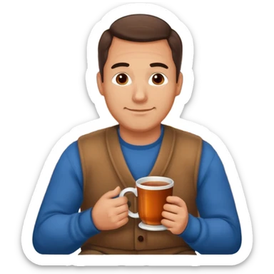 Cozy handsome 45 year old man sitting next to a nice fireplace with a hot apple cider, book, and plate of chocolate cookies. sticker