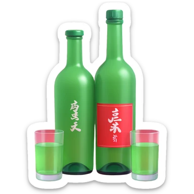 apple style 3D emoji of a green soju bottle and a small glass, shiny, soft shading sticker