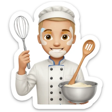 Male Young Pastry Chef – smiling, holding whisk and mixing bowl. sticker