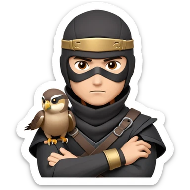 clash-of-clans-aesthetic_-cinematic-mysterious-male-ninja-portrait-emoji, rendered in a flat, vector-style with minimal shading and bold, simplified shapes, with a head slightly turned revealing intense, focused eyes. the ninja has his arm out and perched on top of his forarm is  a peregrin falcon  sticker