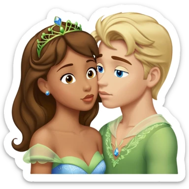 Princesa Tiana  morena pelo marrón dándose un beso con un chico rubio de ojos azules  sticker
