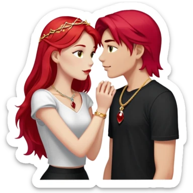 young couple kissing, girl with long cherry red hair and blonde eyebrows, gold A necklace, diamond ring, red bracelet, light clothes, boy with SHORT SNOW WHITE hair, silver ring with black stone, dark t-shirt sticker