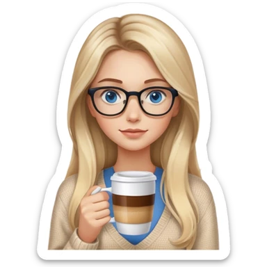 Blonde balayage long hair white women beige sweater blue eyes and small glasses holding coffee sticker