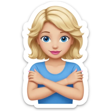 Girl Blonde short wavy hair,  blue eyes, cute blue top, long lashes, pink lips, smiling, making cross arms with arms  sticker