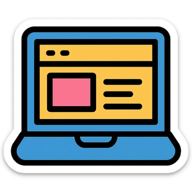 a stylized laptop with a website interface visible on the screen, flat design, icon style sticker