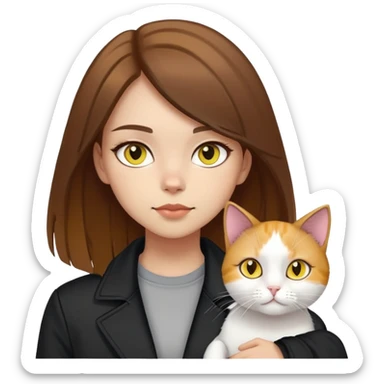 Light-skinned girl with brown straight hair wearing a black jacket, with a white cat with yellow eyes and a calico cat sticker