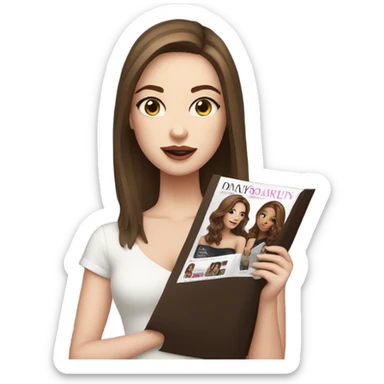 pretty girl with white skin and brown hair standing up holding a fashion magazine with a woman on the cover of the magazine sticker