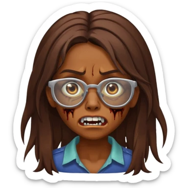 Girl zombie with brown long hair with teeth and serious face IOS style with glasses sticker
