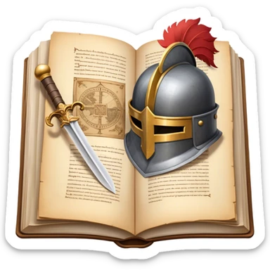 Icon for Historical Fiction Reading: an open book with pages showing ancient scrolls, a quill, a large knight's helmet, bowl and a parchment map. The icon should evoke the adventure and grandeur of historical settings and storytelling. Transparent background. sticker