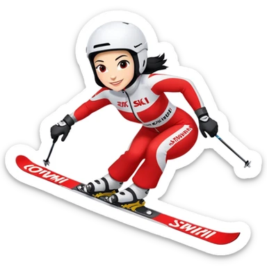 Skifahrerin Abfahrtshocke Anzug rot weiss beschriftet mit Stephanie Ski beschriftet mit Head schwarze Haare lächeln  sticker