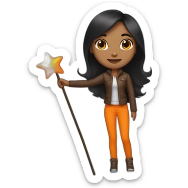 brown woman holding a orange star wand long black straight hair full length sticker