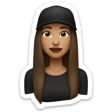 A beautiful woman wearing a black cap and black sweatshirt, big lips, brown straight long hair.  sticker
