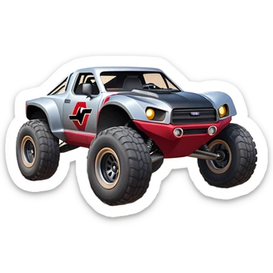 Satan’s and Vader (post race) Cabernet Dirty and dented Local Motors Rally Fighter off road race car hot rod trophy truck-style flying on a dusty road (silver wheels) sticker