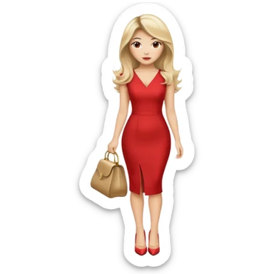 An Asian Lady with Voluminous balayage hair, blonde highlights in a red dress and beige heels  sticker
