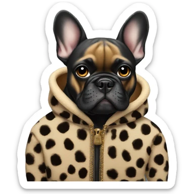 Black French bulldog wearing a cheetah coat sticker